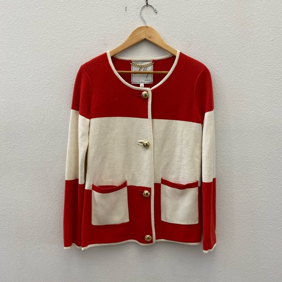 MILLY red white striped knit gold button cardigan sweater - Picture 1 of 5